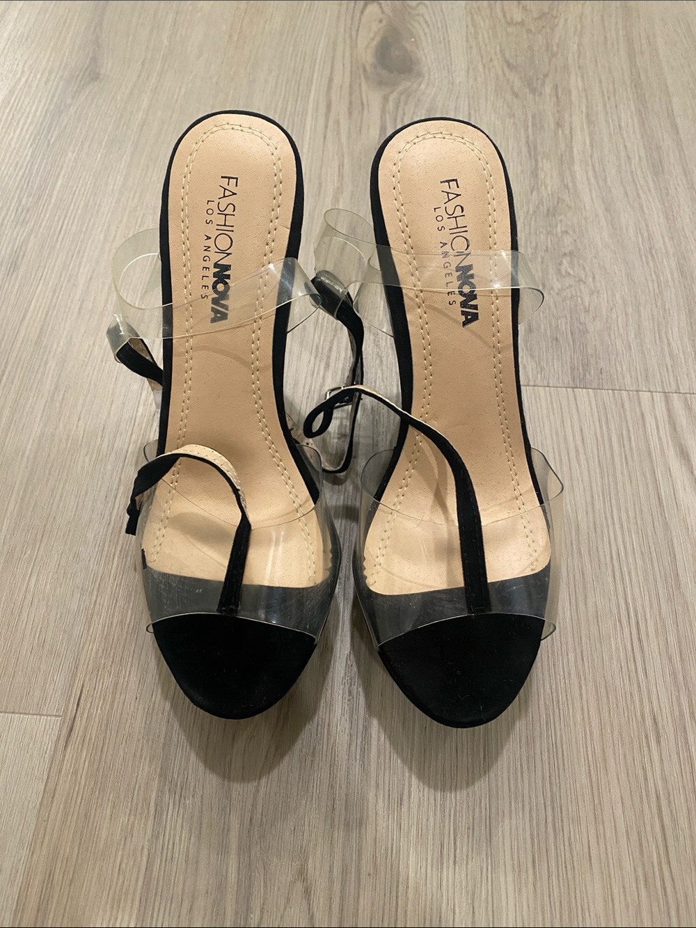 Fashion Nova Black Clear-Strap Open-Toe Heels